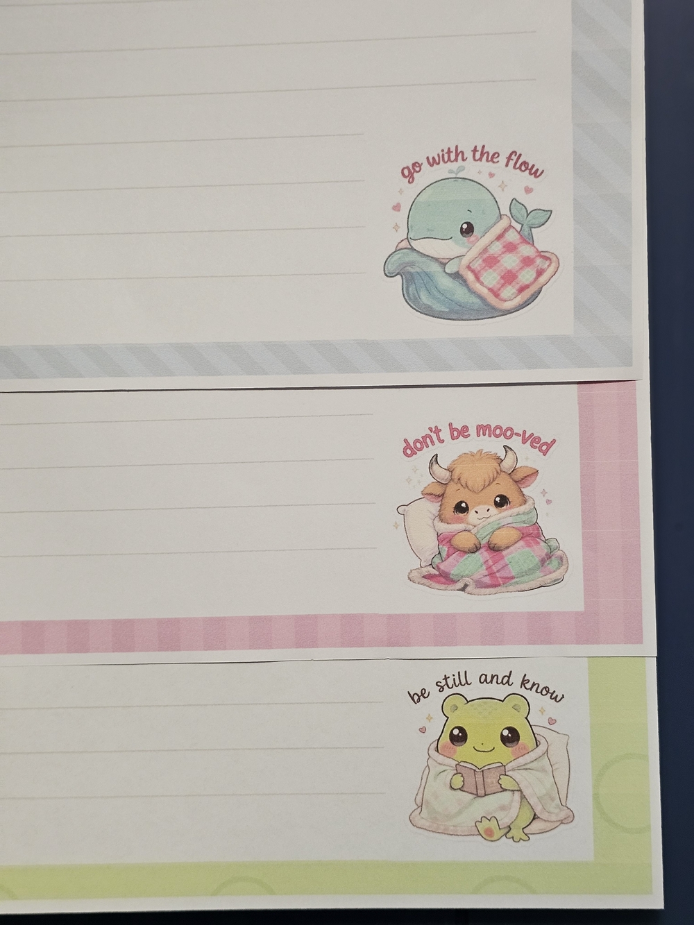 Cute Cozy Animal Writing Paper- Blue, Pink, Green